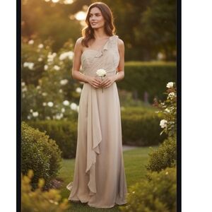 David's Bridal One-Shoulder Ruffle Chiffon Gown in Beige